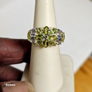 Sterling 925 Green Peridot Cluster Ring, Size 5.5